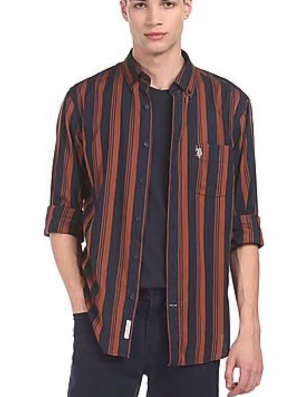 Men's Navy and Brown Striped Button-Up Shirt